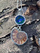 Load image into Gallery viewer, Azurite and Malachite Geode Half with Ammonite Fossil Pendant, with 19” Chain
