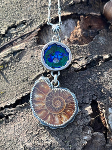 Azurite and Malachite Geode Half with Ammonite Fossil Pendant, with 19” Chain