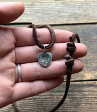 Load image into Gallery viewer, Solid Sterling Silver Western Floral Heart Charm on Dark Deer Suede Cord, Adjustable Length with Sliding Knot
