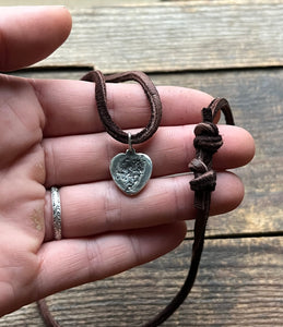 Solid Sterling Silver Western Floral Heart Charm on Dark Deer Suede Cord, Adjustable Length with Sliding Knot