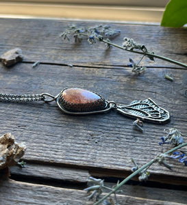 Orange Confetti Sunstone Necklace with Hand Carved Butterfly Wing Drop, with 21” Long Rolo Chain