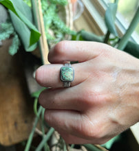 Load image into Gallery viewer, Damele Turquoise in Handcrafted Sterling Silver Ring with Scrollwork Style Band Size 7
