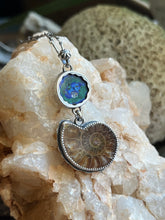 Load image into Gallery viewer, Azurite and Malachite Geode Half with Ammonite Fossil Pendant, with 19” Chain
