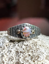 Load image into Gallery viewer, Australian Crystal Pipe Opal Ring with Sterling Cuttlebone Texture and 14k Gold Accents, Ring Size 8.5
