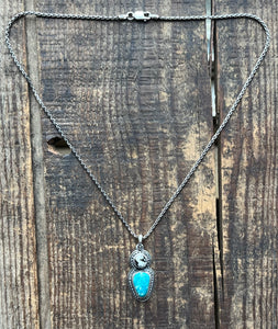 White Buffalo and Pilot Mountain Turquoise Pendant with 16” Wheat Chain