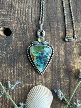 Load image into Gallery viewer, Opalized Wood with Copper Inclusions and Peridot Set Pendant, 18” Wheat Chain
