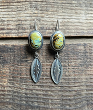 Load image into Gallery viewer, Blackjack Polychrome Turquoise Hand Stamped Earrings, Handcrafted Sterling Silver
