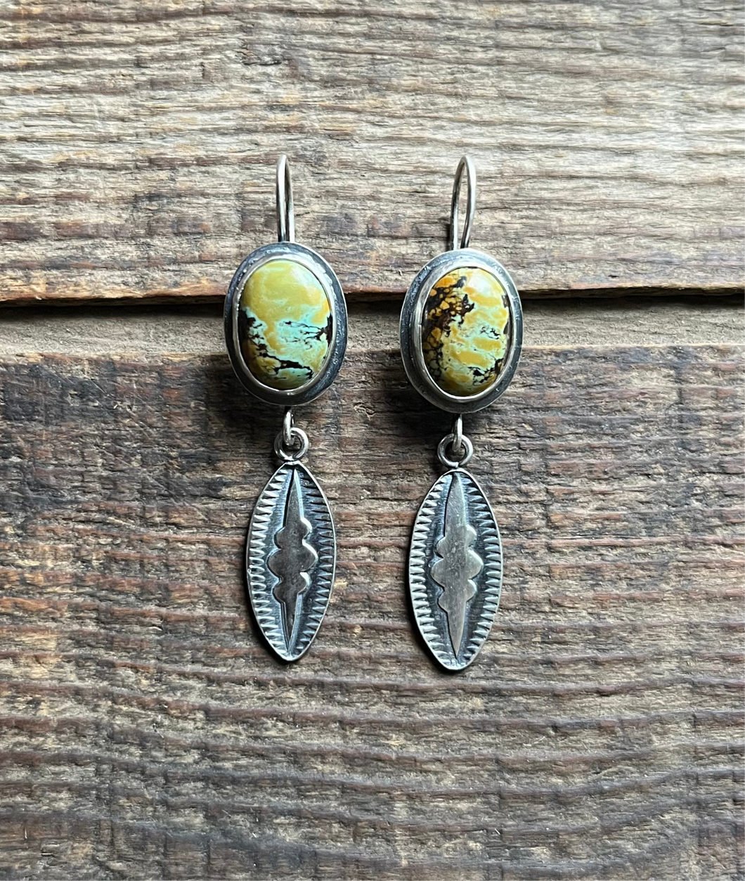Blackjack Polychrome Turquoise Hand Stamped Earrings, Handcrafted Sterling Silver