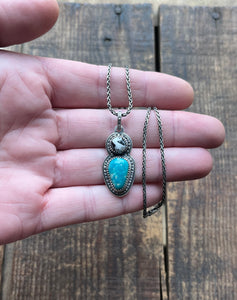 White Buffalo and Pilot Mountain Turquoise Pendant with 16” Wheat Chain