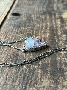 Lepidolite in Quartz Heart Charm Necklace, 16.5-17.5” Long Bar Link Chain