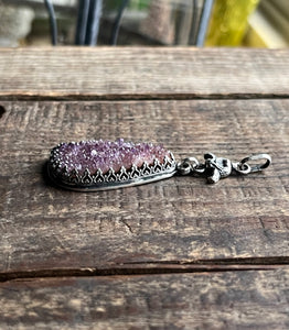 Natural Raw Amethyst Druzy Pendant, 17.5-18.5” Bar Link Chain