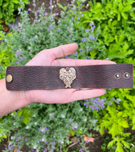 Load image into Gallery viewer, Egyptian Revival Brass Lotus and Snake Design on Leather Bracelet, Set with Garnet in Fine Silver
