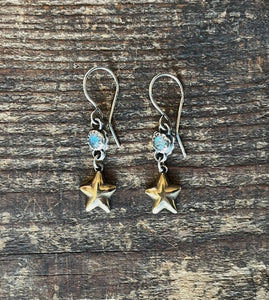 Starry Labradorite Drop Earrings in Sterling Silver with Brass Stars