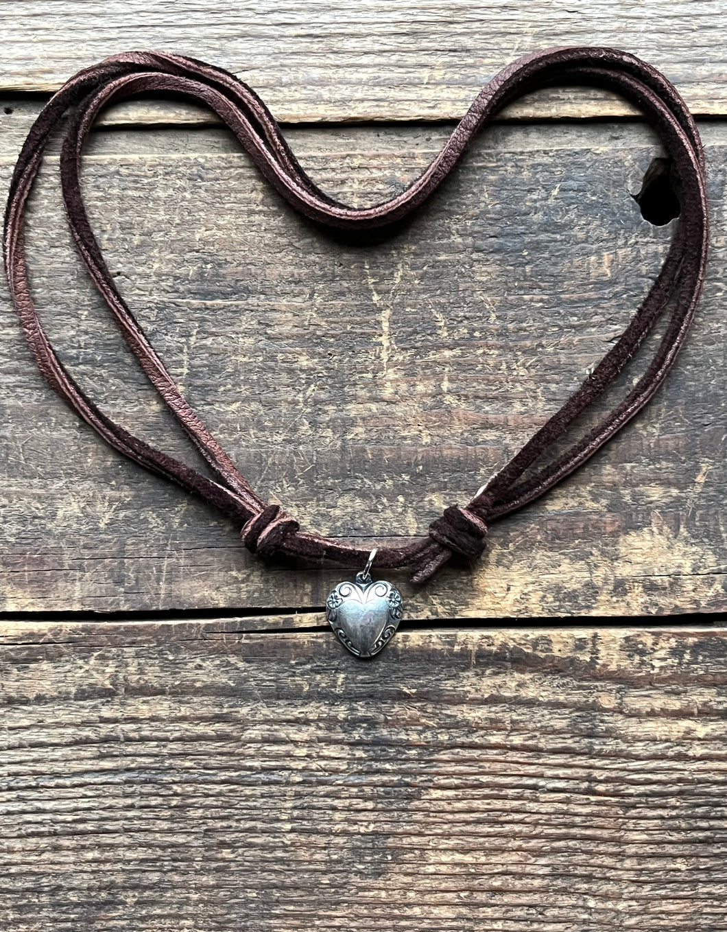 Solid Sterling Silver Western Floral Heart Charm on Dark Deer Suede Cord, Adjustable Length with Sliding Knot