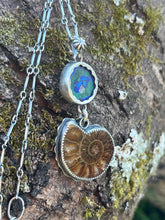 Load image into Gallery viewer, Azurite and Malachite Geode Half with Ammonite Fossil Pendant, with 19” Chain
