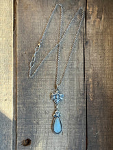 Load image into Gallery viewer, Art Nouveau Flower Fairy With Icy Blue Aquamarine Drop Pendant, Rolo Chain 18” Long
