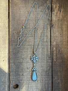 Art Nouveau Flower Fairy With Icy Blue Aquamarine Drop Pendant, Rolo Chain 18” Long