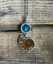 Load image into Gallery viewer, Azurite and Malachite Geode Half with Ammonite Fossil Pendant, with 19” Chain
