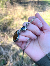 Load image into Gallery viewer, Azurite and Malachite Geode Half with Ammonite Fossil Pendant, with 19” Chain
