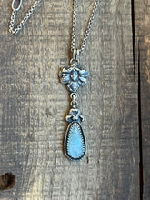 Load image into Gallery viewer, Art Nouveau Flower Fairy With Icy Blue Aquamarine Drop Pendant, Rolo Chain 18” Long
