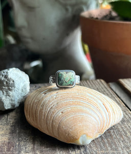 Damele Turquoise in Handcrafted Sterling Silver Ring with Scrollwork Style Band Size 7