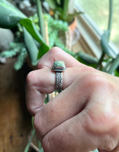 Load image into Gallery viewer, Damele Turquoise in Handcrafted Sterling Silver Ring with Scrollwork Style Band Size 7
