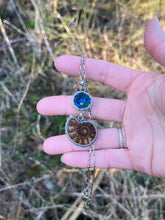 Load image into Gallery viewer, Azurite and Malachite Geode Half with Ammonite Fossil Pendant, with 19” Chain
