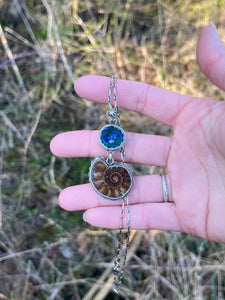 Azurite and Malachite Geode Half with Ammonite Fossil Pendant, with 19” Chain