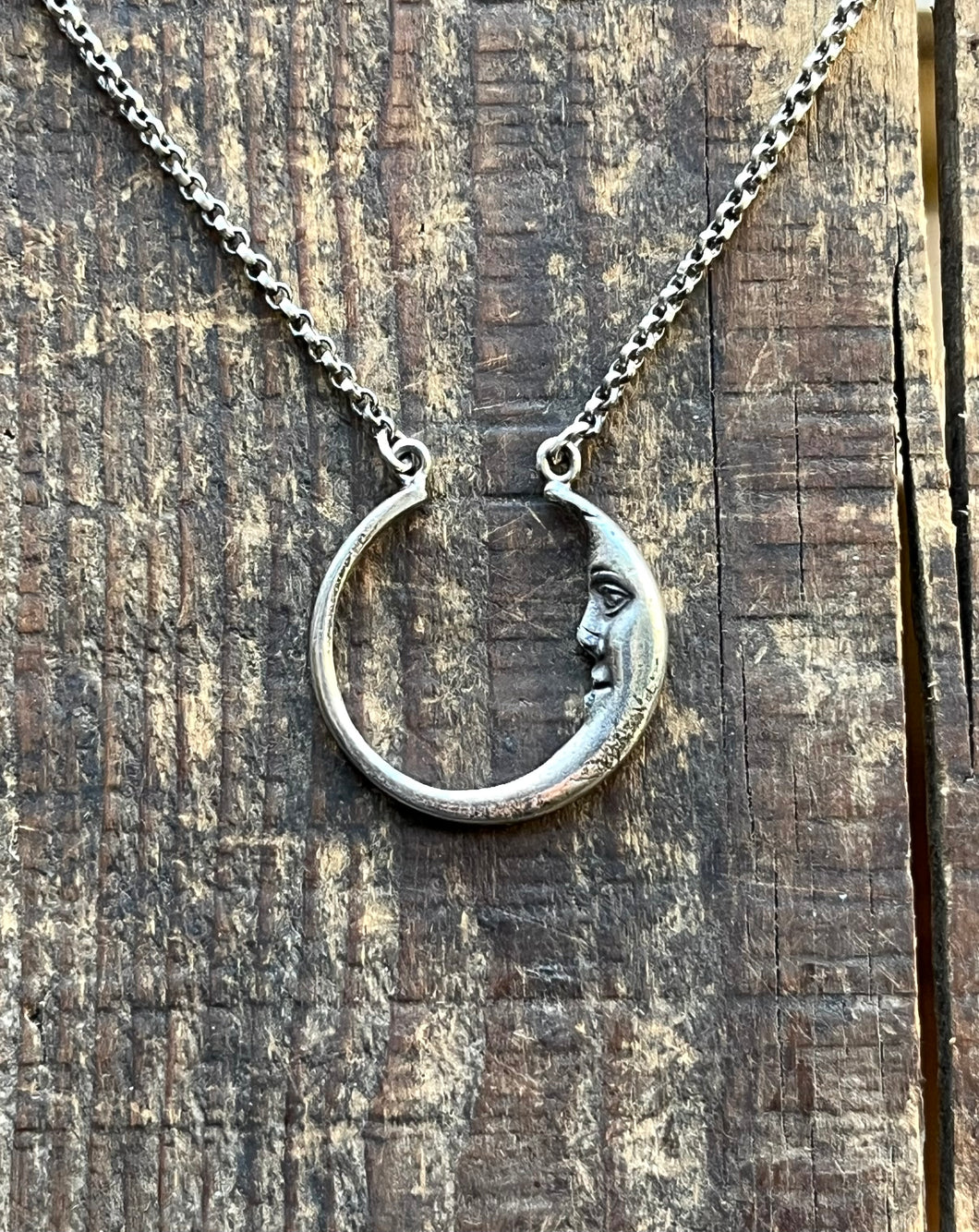 Sterling Silver Man in the Moon Charm Holder Necklace, 19” Rolo Chain