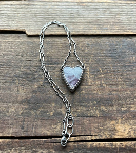 Lepidolite in Quartz Heart Charm Necklace, 16.5-17.5” Long Bar Link Chain