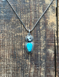 White Buffalo and Pilot Mountain Turquoise Pendant with 16” Wheat Chain