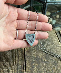 Lepidolite in Quartz Heart Charm Necklace, 16.5-17.5” Long Bar Link Chain