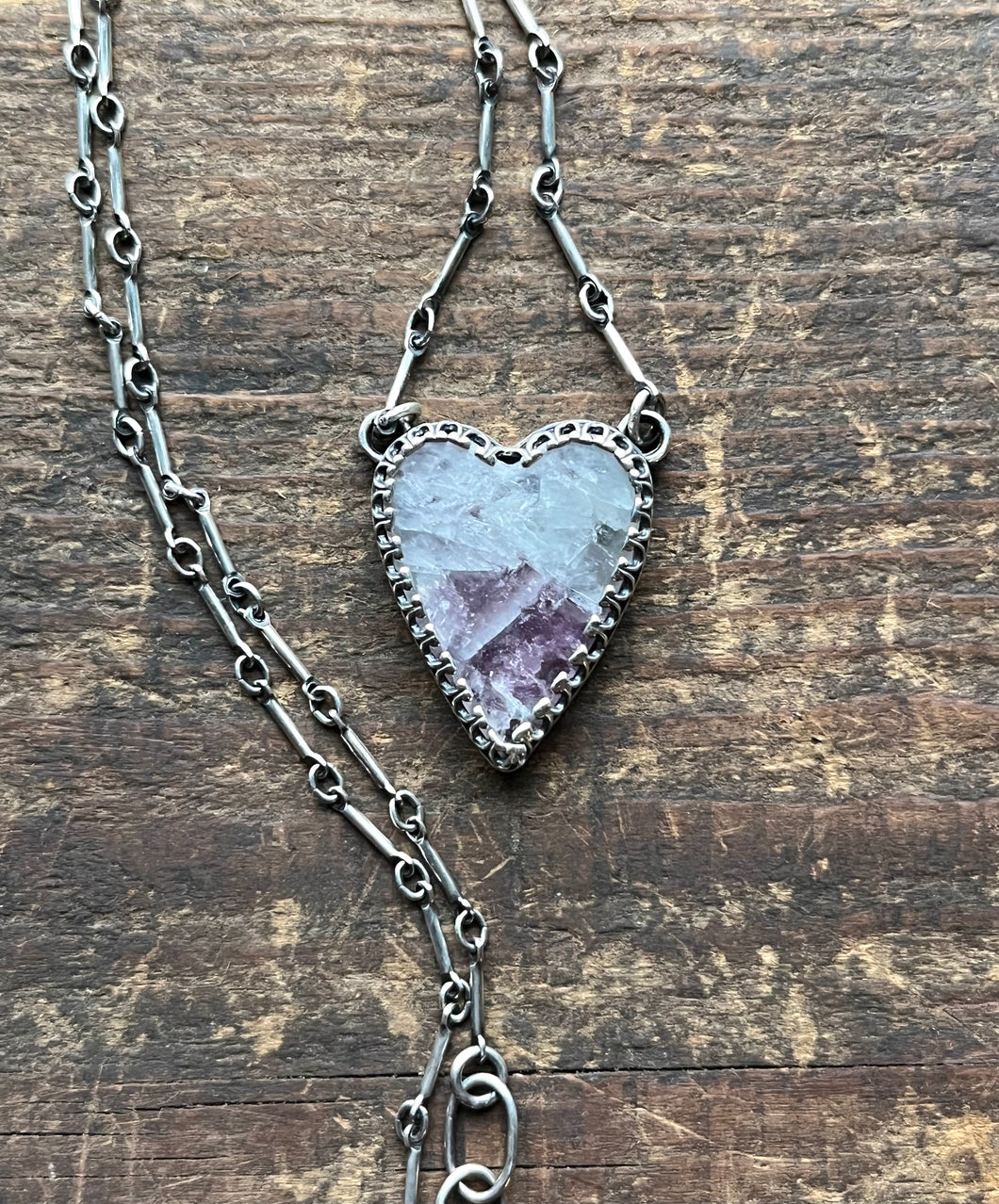 Lepidolite in Quartz Heart Charm Necklace, 16.5-17.5” Long Bar Link Chain