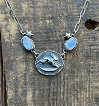 Load image into Gallery viewer, Hare and the Moon Adorned Necklace, Stars and Rainbow Moonstones, 20.5” Long Paperclip Chain
