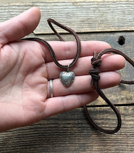 Solid Sterling Silver Western Floral Heart Charm on Dark Deer Suede Cord, Adjustable Length with Sliding Knot