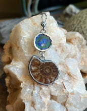 Load image into Gallery viewer, Azurite and Malachite Geode Half with Ammonite Fossil Pendant, with 19” Chain
