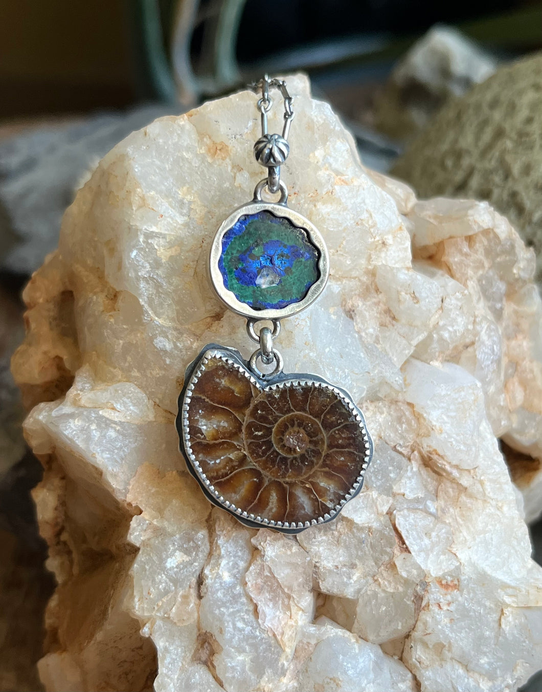 Azurite and Malachite Geode Half with Ammonite Fossil Pendant, with 19” Chain