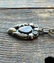 Load image into Gallery viewer, Shoot for the Stars Pendant, Handcrafted Sterling Silver and Brass Moon with Triple Moonstones, 18” Wheat Chain
