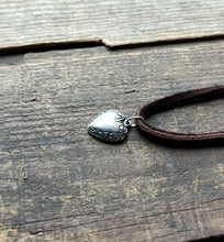 Load image into Gallery viewer, Solid Sterling Silver Western Floral Heart Charm on Dark Deer Suede Cord, Adjustable Length with Sliding Knot
