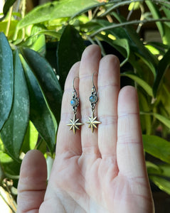 Compass Star Labradorite Drop Earrings, Sterling Silver and Brass