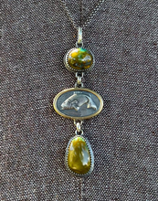 Load image into Gallery viewer, Troy Springs Turquoise with Framed Fish Pendant, Handcrafted Sterling Silver and Brass Accent

