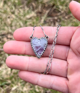 Lepidolite in Quartz Heart Charm Necklace, 16.5-17.5” Long Bar Link Chain