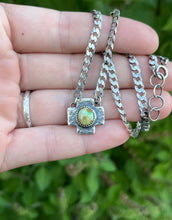 Load image into Gallery viewer, Sonoran Gold Turquoise Southwestern Cross Necklace, 16” Diamond Curb Chain
