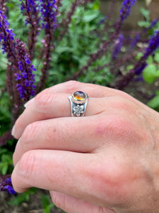 Mexican Jelly Opal Chevron Ring with Orchids, Ring Size 8