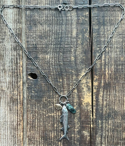 Fish Charm Chain, Handcrafted Sterling Silver with Brass Clam Shell and Kyanite