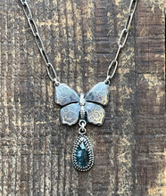 Load image into Gallery viewer, French Art Nouveau Butterfly and Kyanite Necklace, 20” Chain
