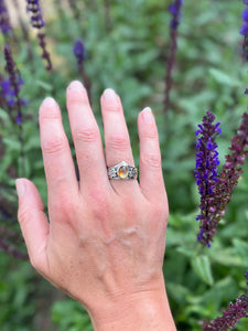 Mexican Jelly Opal Chevron Ring with Orchids, Ring Size 8