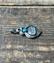 Load image into Gallery viewer, Dream Land Hand Stamped Turquoise and Rainbow Moonstone Pendant, Sterling Silver, with 16” Chain
