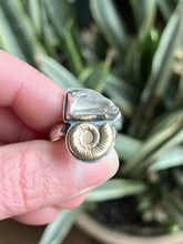 Load image into Gallery viewer, Juxtapose Ring, Herkimer Quartz and Brass Ammonite Shell in Handcrafted Sterling Silver, Size 8
