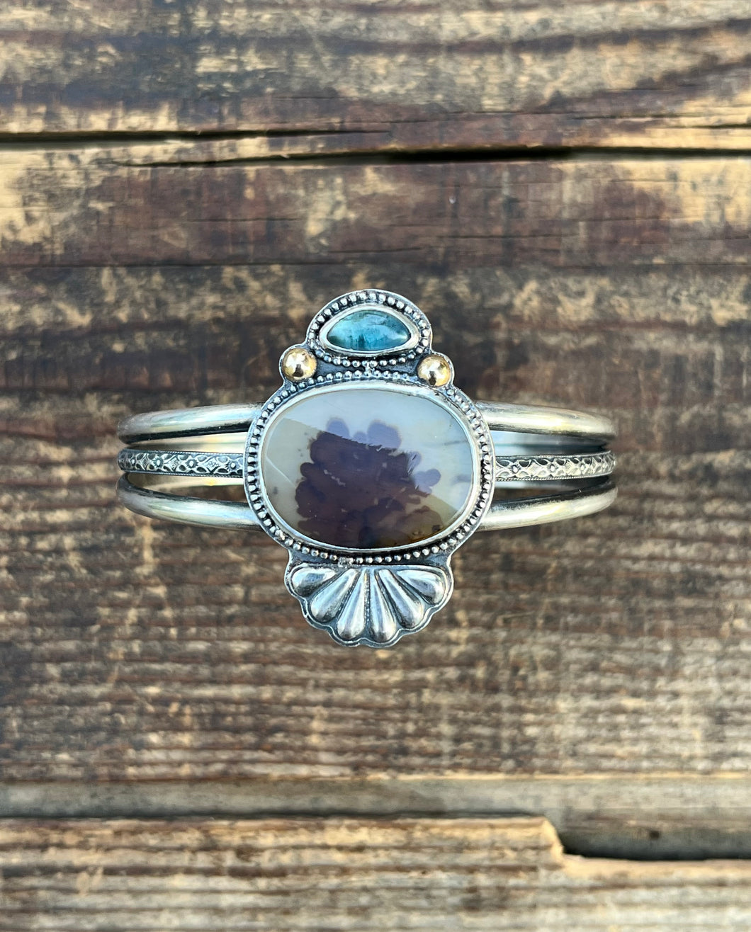 Seaside Cuff, Dendritic Quartz and Teal Indicolite Tourmaline in Sterling, Size Medium Fit